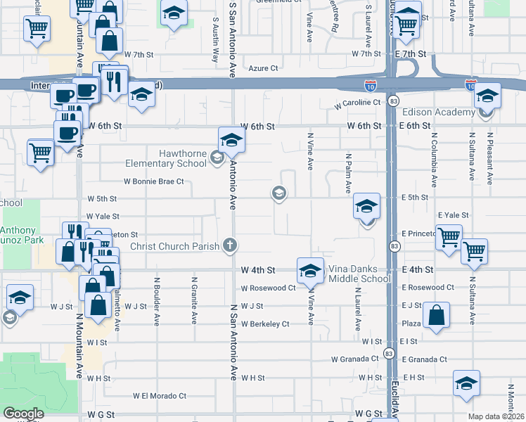 map of restaurants, bars, coffee shops, grocery stores, and more near 603 West 5th Street in Ontario