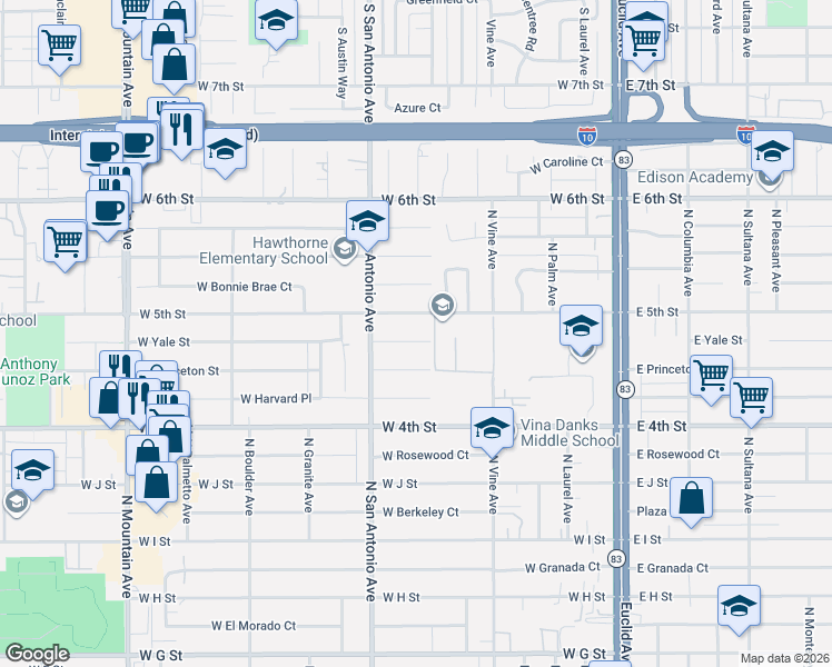 map of restaurants, bars, coffee shops, grocery stores, and more near 603 West 5th Street in Ontario