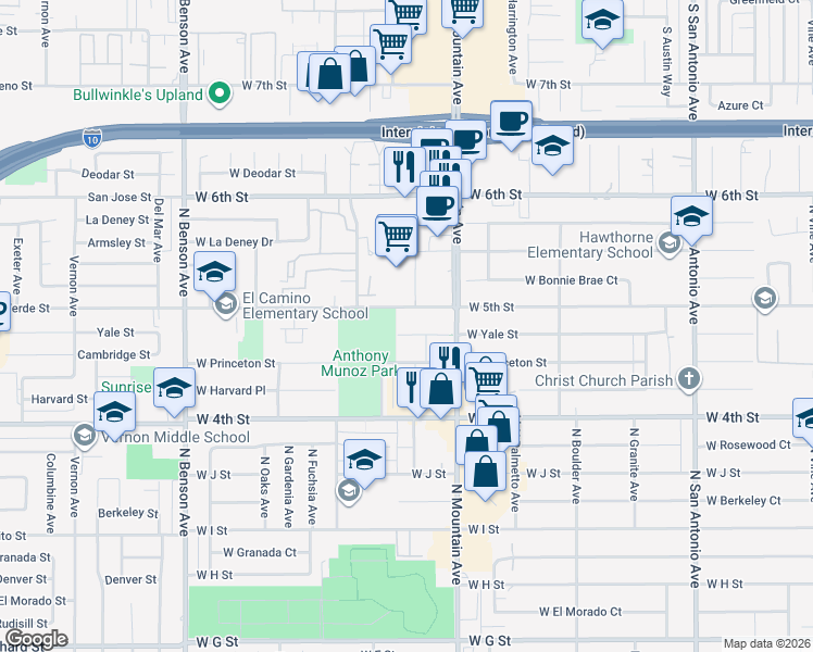 map of restaurants, bars, coffee shops, grocery stores, and more near 1153 West 5th Street in Ontario
