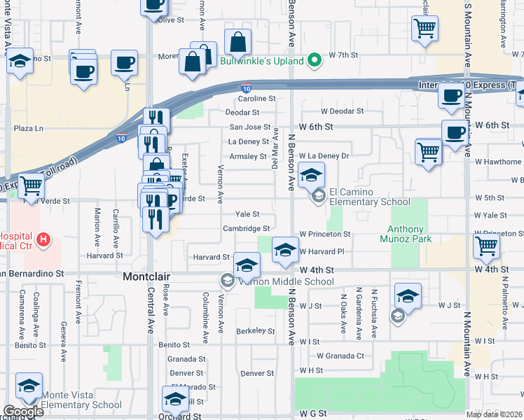 map of restaurants, bars, coffee shops, grocery stores, and more near 5618 Palo Verde Street in Montclair