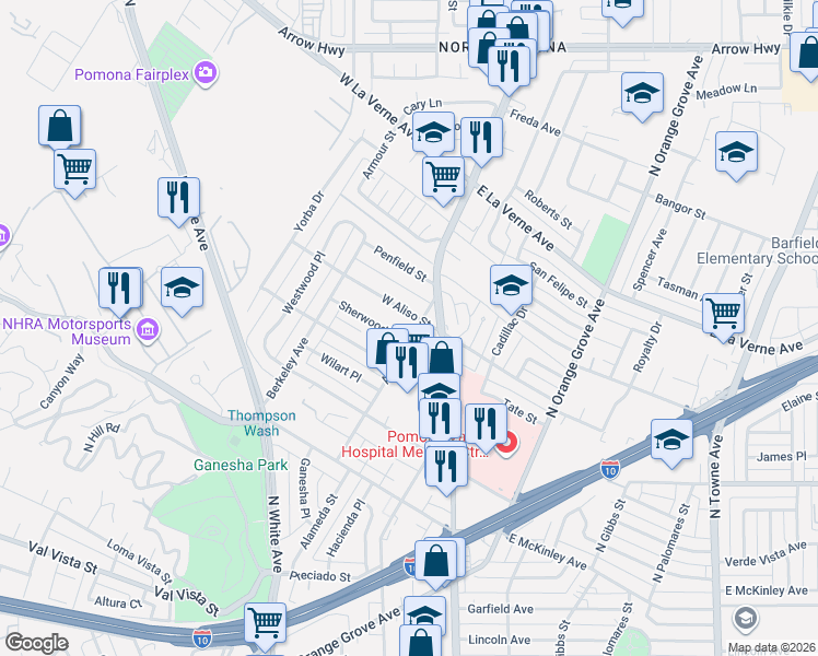 map of restaurants, bars, coffee shops, grocery stores, and more near 230 Aliso Street in Pomona
