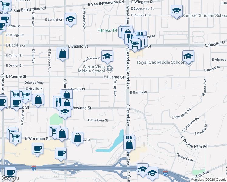map of restaurants, bars, coffee shops, grocery stores, and more near 3621 De Lay Avenue in Covina