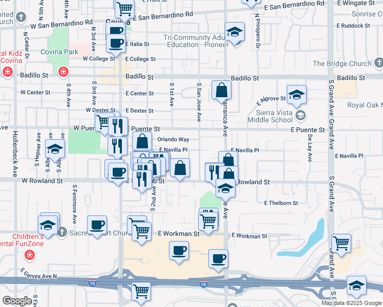 map of restaurants, bars, coffee shops, grocery stores, and more near 436 South San Jose Avenue in Covina