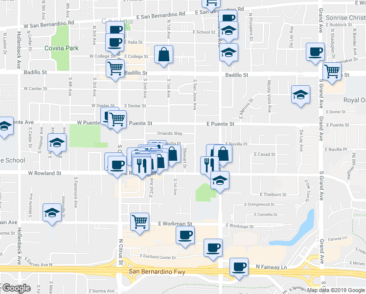 map of restaurants, bars, coffee shops, grocery stores, and more near 327 East Navilla Place in Covina