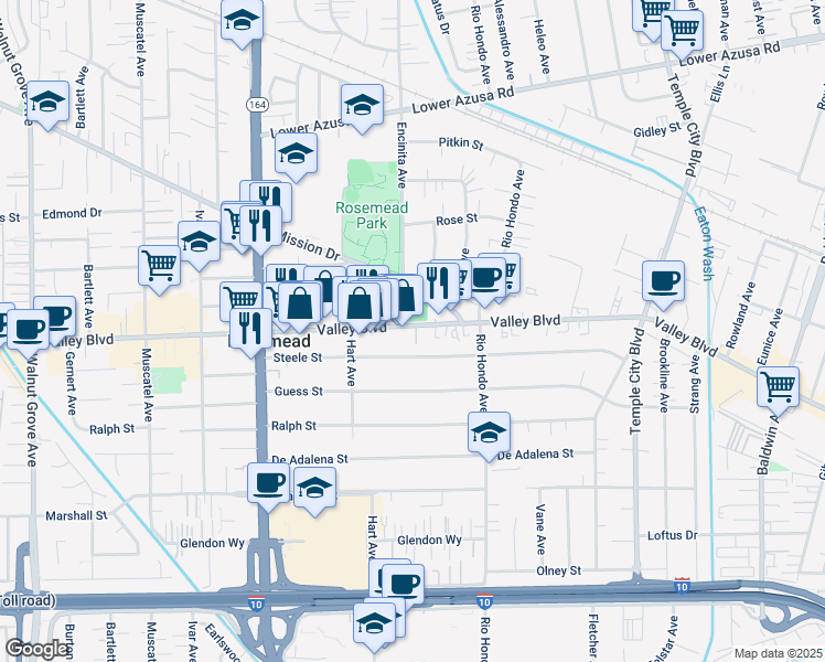 map of restaurants, bars, coffee shops, grocery stores, and more near 9241 Valley Boulevard in Rosemead