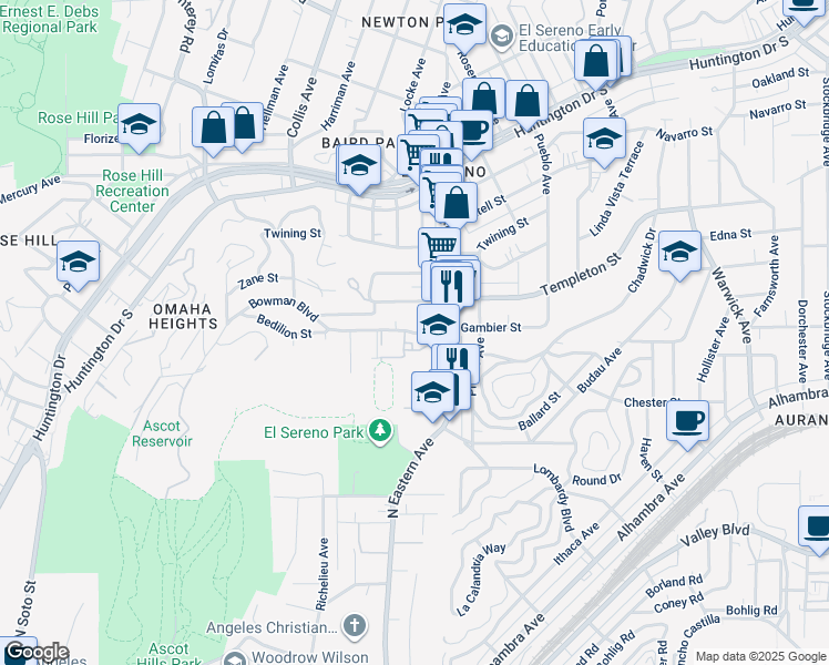 map of restaurants, bars, coffee shops, grocery stores, and more near 4820 Templeton Street in Los Angeles