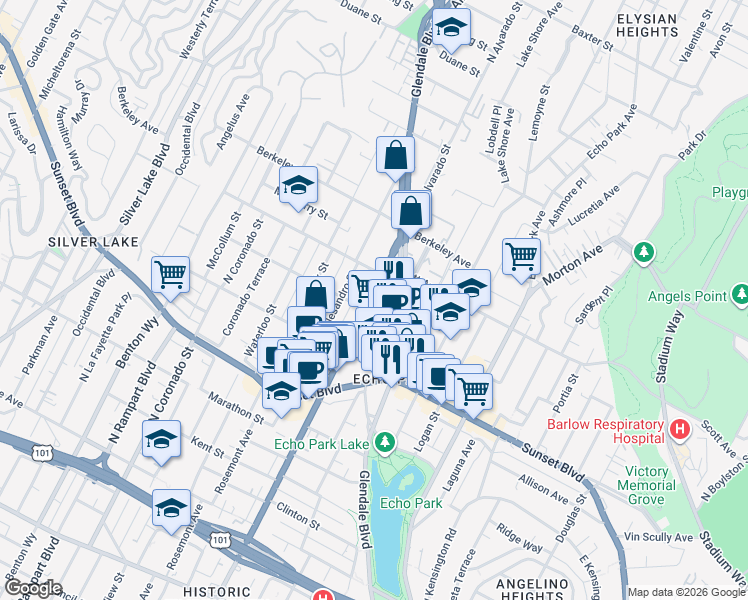 map of restaurants, bars, coffee shops, grocery stores, and more near 1425 North Alvarado Street in Los Angeles