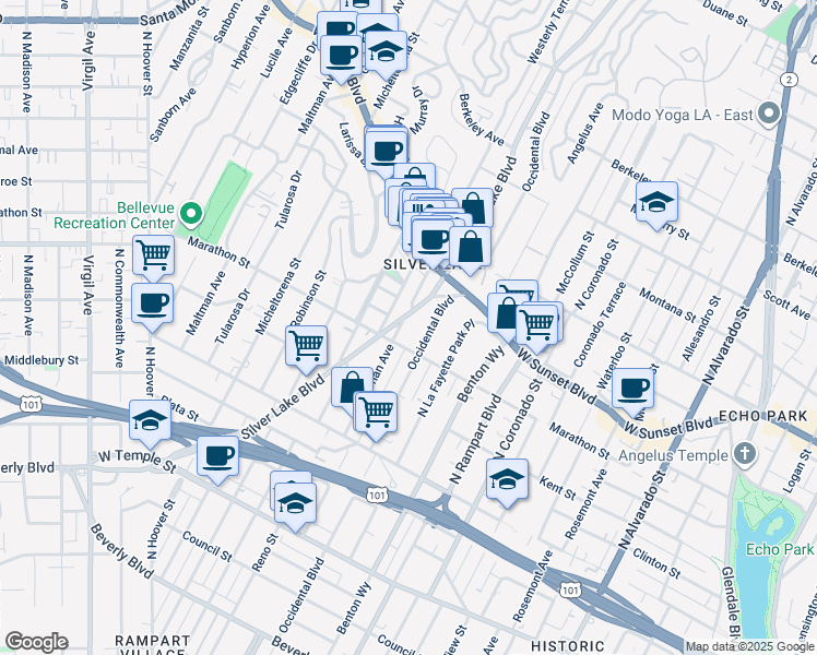map of restaurants, bars, coffee shops, grocery stores, and more near in Los Angeles