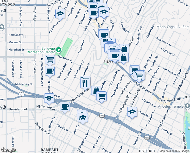 map of restaurants, bars, coffee shops, grocery stores, and more near 807 North Vendome Street in Los Angeles