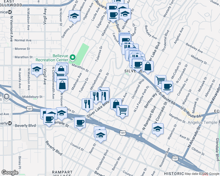 map of restaurants, bars, coffee shops, grocery stores, and more near 746 Robinson Street in Los Angeles