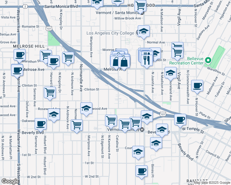 map of restaurants, bars, coffee shops, grocery stores, and more near 4264 Clinton Street in Los Angeles