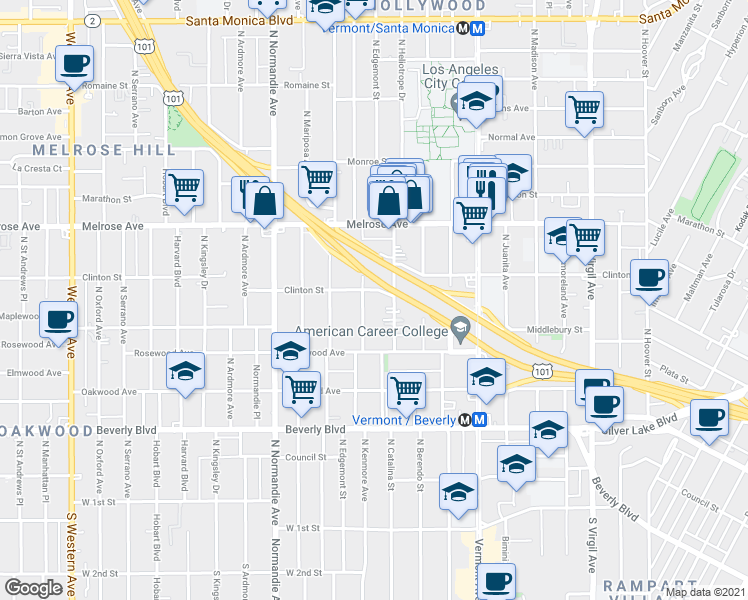 map of restaurants, bars, coffee shops, grocery stores, and more near 4264 Clinton Street in Los Angeles