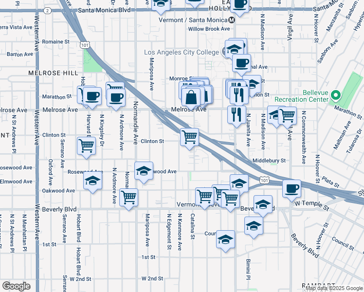map of restaurants, bars, coffee shops, grocery stores, and more near 4264 Clinton Street in Los Angeles