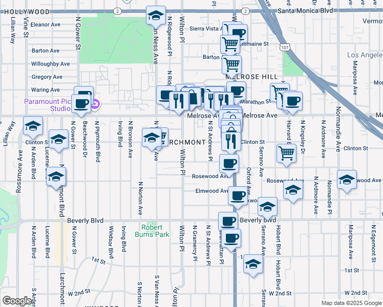 map of restaurants, bars, coffee shops, grocery stores, and more near 540 North Gramercy Place in Los Angeles