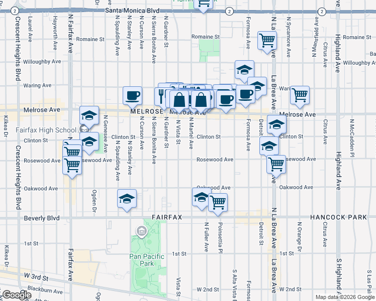 map of restaurants, bars, coffee shops, grocery stores, and more near 543 North Martel Avenue in Los Angeles