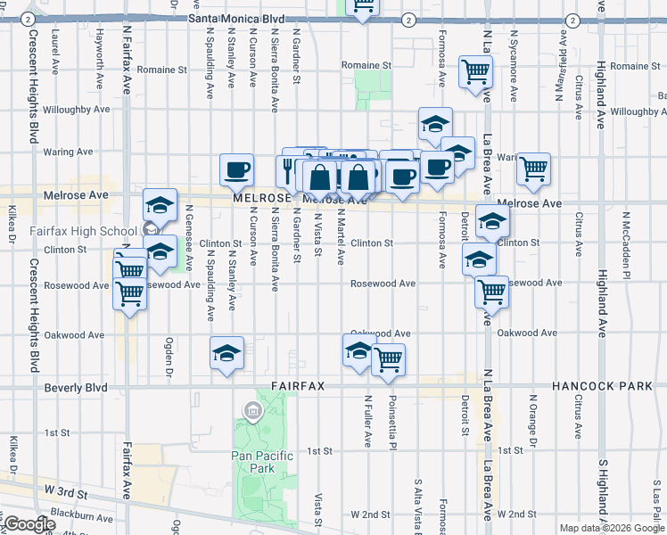 map of restaurants, bars, coffee shops, grocery stores, and more near 543 North Martel Avenue in Los Angeles