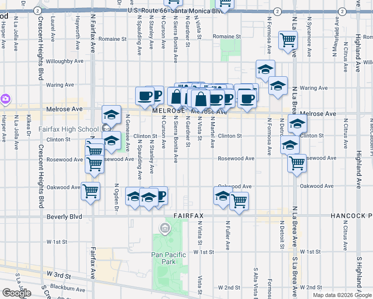 map of restaurants, bars, coffee shops, grocery stores, and more near 542 North Gardner Street in Los Angeles