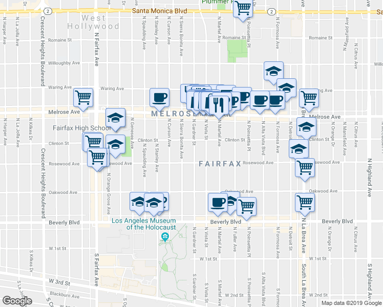 map of restaurants, bars, coffee shops, grocery stores, and more near 540 North Gardner Street in Los Angeles