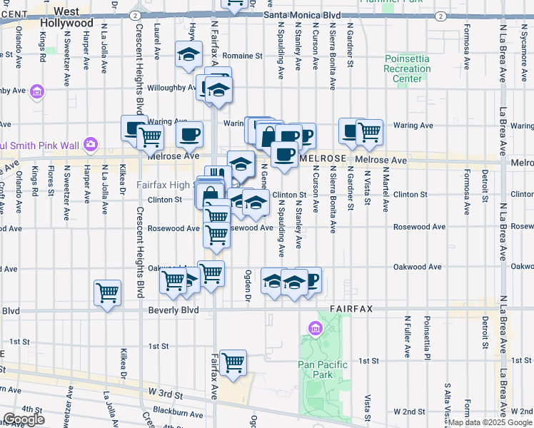 map of restaurants, bars, coffee shops, grocery stores, and more near 544 North Genesee Avenue in Los Angeles
