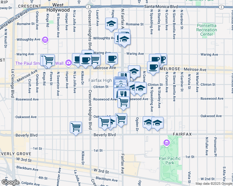 map of restaurants, bars, coffee shops, grocery stores, and more near 543 North Fairfax Avenue in Los Angeles