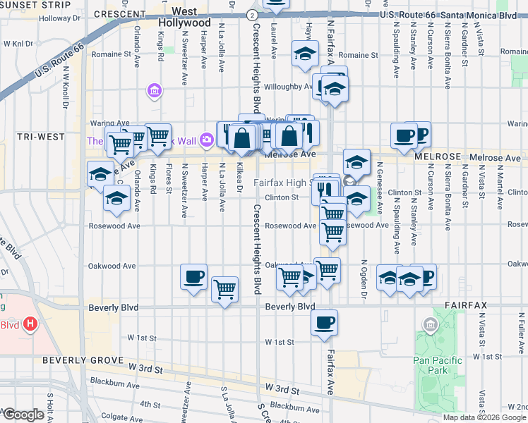 map of restaurants, bars, coffee shops, grocery stores, and more near 549 North Laurel Avenue in Los Angeles