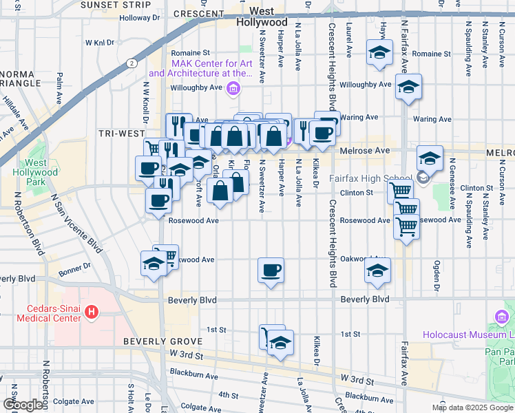 map of restaurants, bars, coffee shops, grocery stores, and more near 546 North Flores Street in West Hollywood