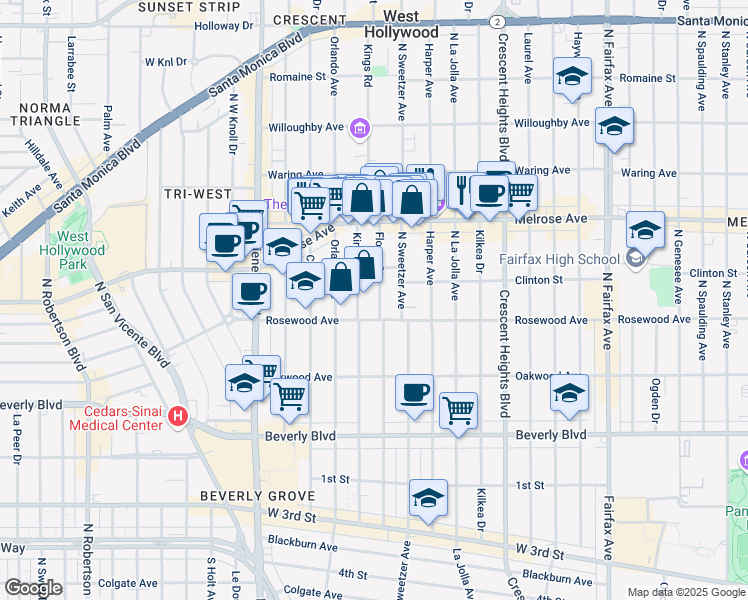 map of restaurants, bars, coffee shops, grocery stores, and more near 546 North Flores Street in West Hollywood