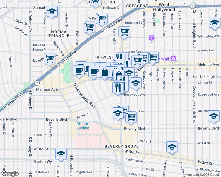 map of restaurants, bars, coffee shops, grocery stores, and more near in West Hollywood