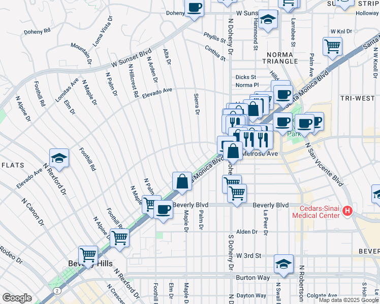 map of restaurants, bars, coffee shops, grocery stores, and more near 602 Alta Drive in Beverly Hills