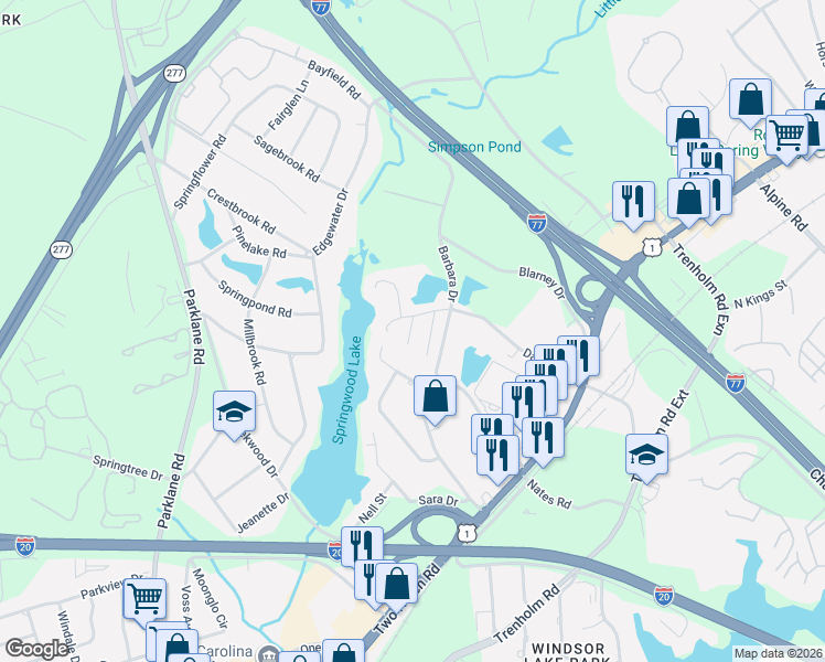 map of restaurants, bars, coffee shops, grocery stores, and more near 1728 Springwoods Lake Drive in Columbia