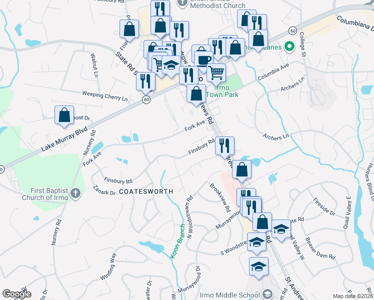 map of restaurants, bars, coffee shops, grocery stores, and more near 1335 Fork Avenue in Irmo