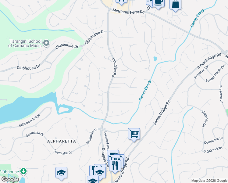 map of restaurants, bars, coffee shops, grocery stores, and more near 5305 Derby Chase Court in Alpharetta