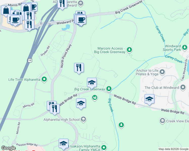 map of restaurants, bars, coffee shops, grocery stores, and more near 809 Adler Court in Alpharetta