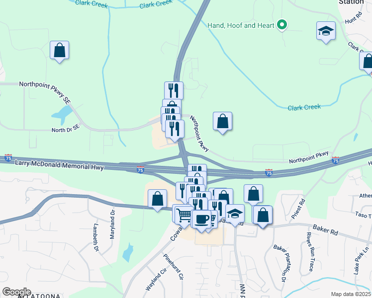 map of restaurants, bars, coffee shops, grocery stores, and more near Highway 92 in Acworth