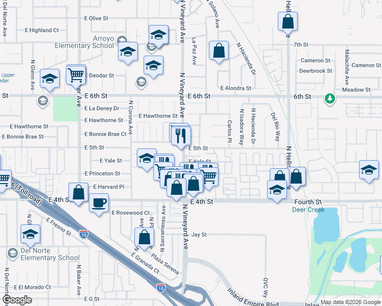 map of restaurants, bars, coffee shops, grocery stores, and more near 1915 East 5th Street in Ontario