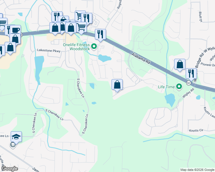 map of restaurants, bars, coffee shops, grocery stores, and more near 3104 South Cherokee Lane in Woodstock