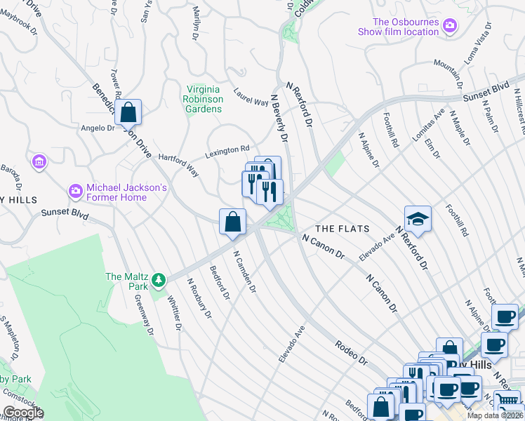 map of restaurants, bars, coffee shops, grocery stores, and more near 904 Glen Way in Beverly Hills