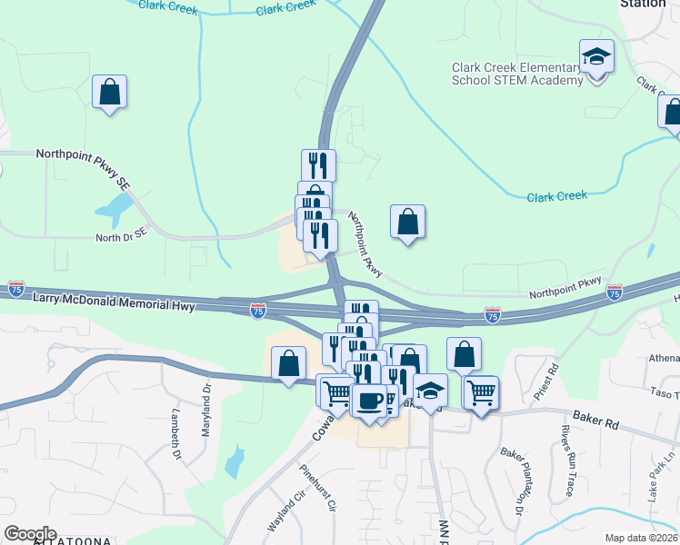 map of restaurants, bars, coffee shops, grocery stores, and more near 3523 Hwy 92 in Acworth