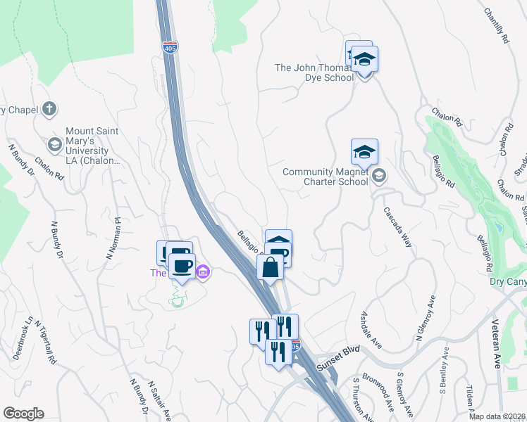 map of restaurants, bars, coffee shops, grocery stores, and more near 1101 Casiano Road in Los Angeles