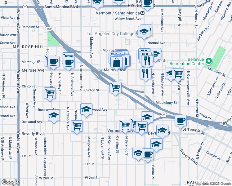 map of restaurants, bars, coffee shops, grocery stores, and more near 4264 Clinton Street in Los Angeles