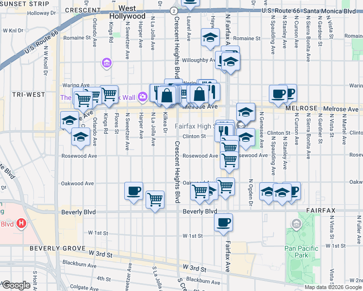 map of restaurants, bars, coffee shops, grocery stores, and more near 549 North Laurel Avenue in Los Angeles