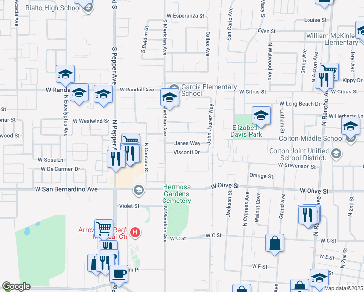 map of restaurants, bars, coffee shops, grocery stores, and more near 1326 Janes Way in Colton