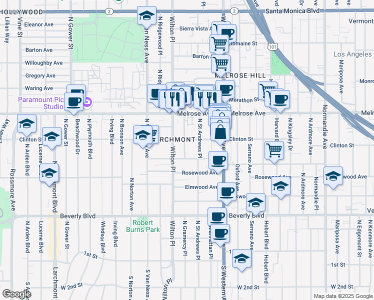 map of restaurants, bars, coffee shops, grocery stores, and more near 518 North Gramercy Place in Los Angeles