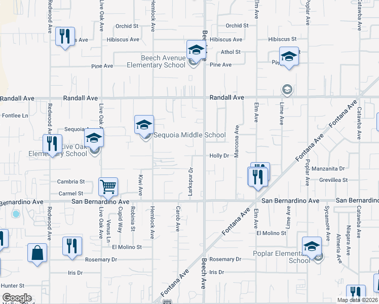 map of restaurants, bars, coffee shops, grocery stores, and more near 15250 Holly Drive in Fontana