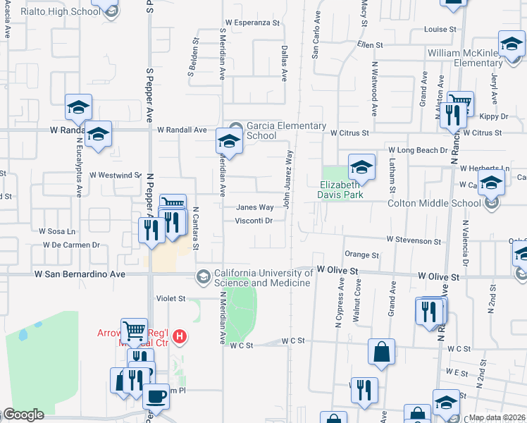 map of restaurants, bars, coffee shops, grocery stores, and more near 1289 Janes Way in Colton