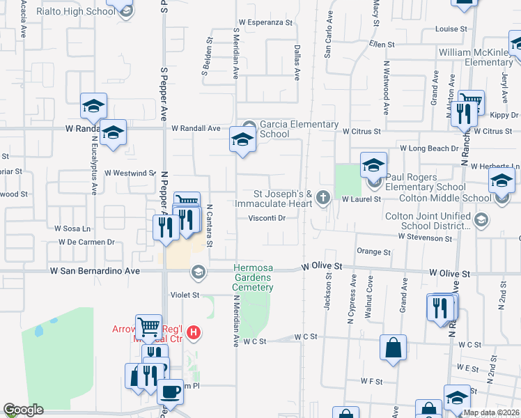 map of restaurants, bars, coffee shops, grocery stores, and more near 1326 Janes Way in Colton