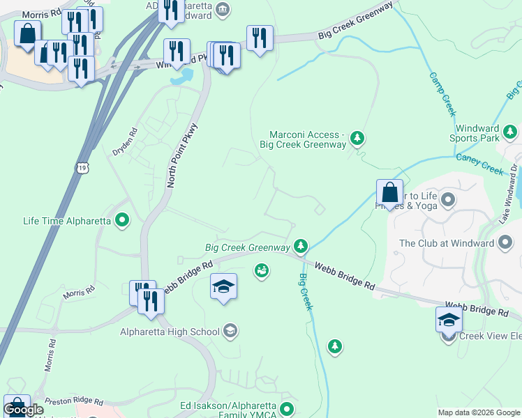 map of restaurants, bars, coffee shops, grocery stores, and more near 809 Adler Court in Alpharetta
