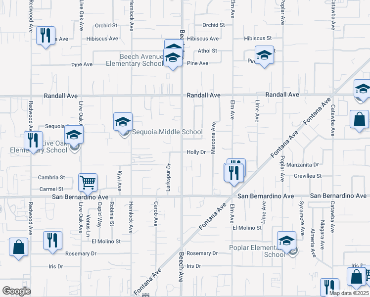 map of restaurants, bars, coffee shops, grocery stores, and more near 15308 Holly Drive in Fontana
