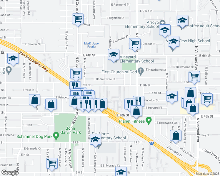 map of restaurants, bars, coffee shops, grocery stores, and more near 1456 East 5th Street in Ontario