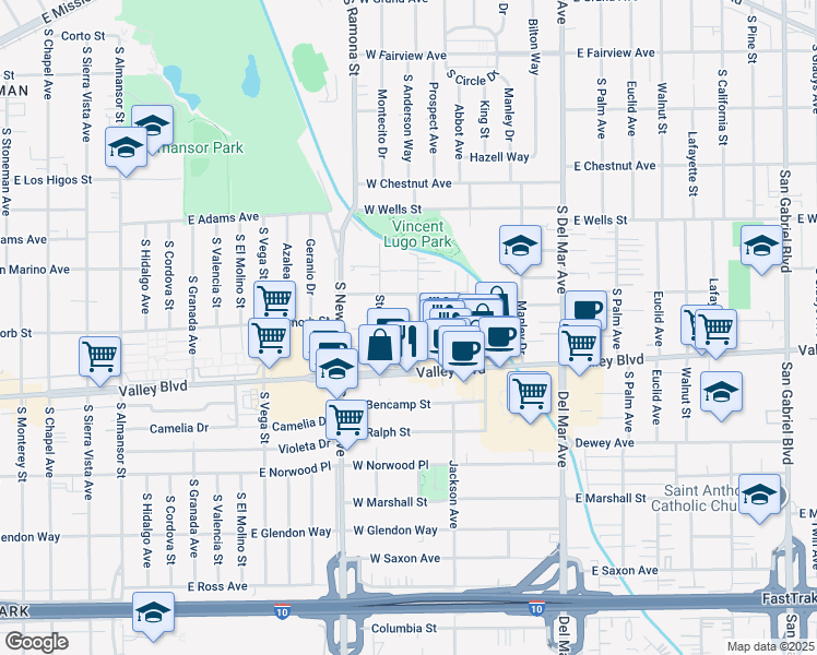 map of restaurants, bars, coffee shops, grocery stores, and more near 1529 Prospect Avenue in San Gabriel